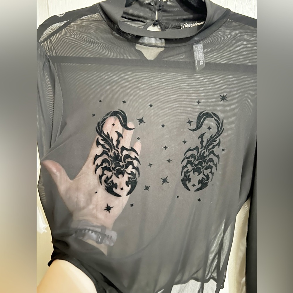 Horoscopez Dolls Kill Scorpio Scorpion Mesh See-Thru Long Sleeve Bodysuit Black